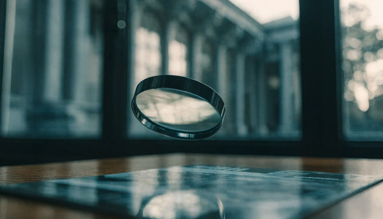 Magnifying glass examining a promotional brochure with a courtroom beyond.
