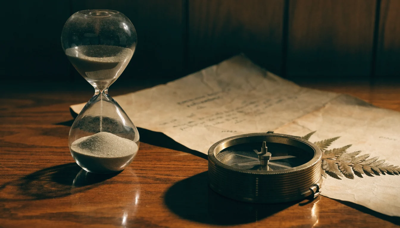 Hourglass, compass and aged document on a wooden desk.