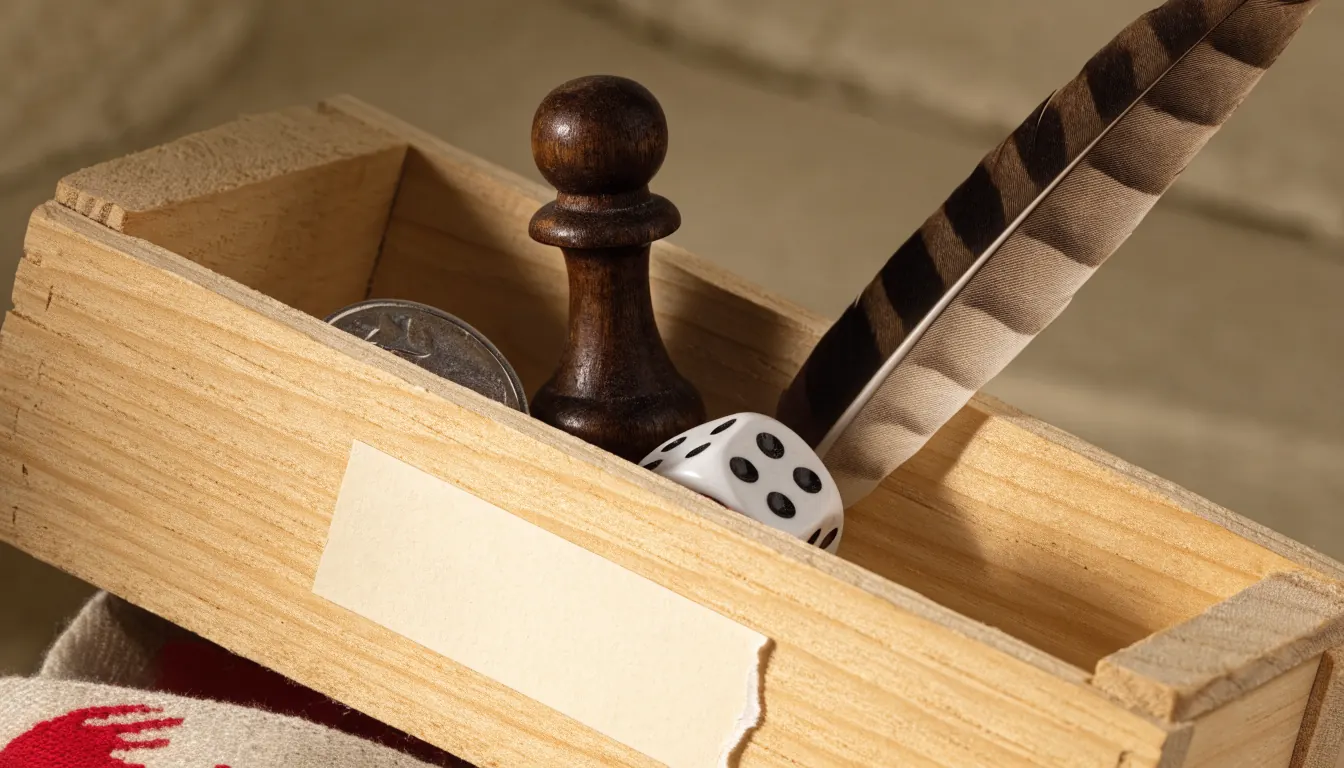 Open crate with a blank tag revealing mismatched small objects.