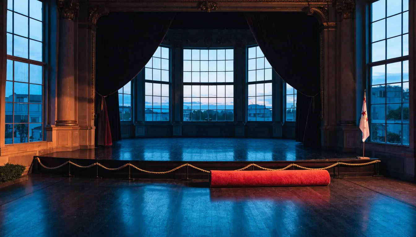 Empty theatre stage at twilight with a rolled-up carpet.